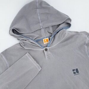 Hugo Boss Orange Mens Large Faded Grey Pique Henley Hoodie Pullover Size